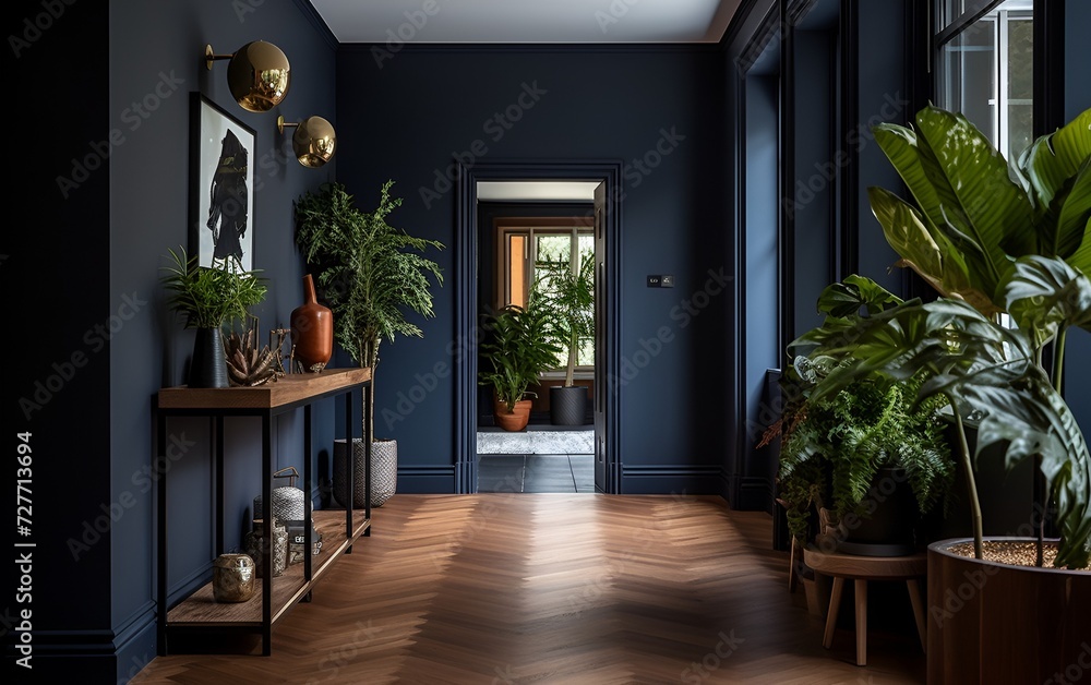 Modern dark blue hallway in an apartment. Spacious hall with plants and parquet. Modern dark blue hallway in an apartment. Spacious hall with plants and parquet.