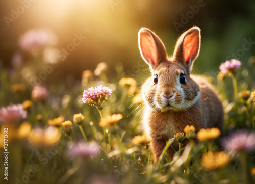 Bunny Sitting Among Flowers in a Natural Scene