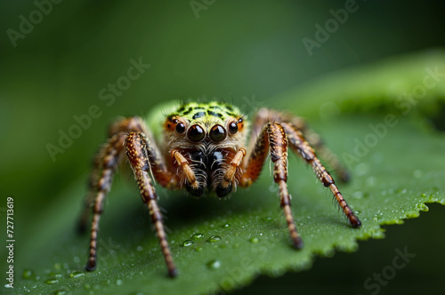Macro view of cute spider sitting on green leaf 