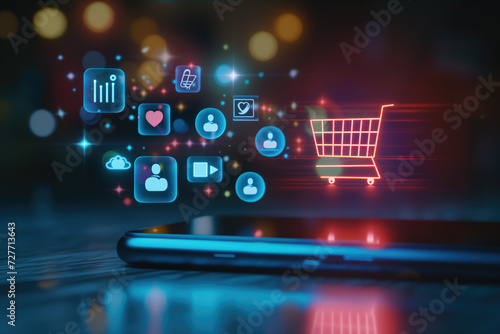 Social media marketing concept on mobile smart phone with notification icons of love, message, comment, chat, email. and shopping cart smartphone hologram screen