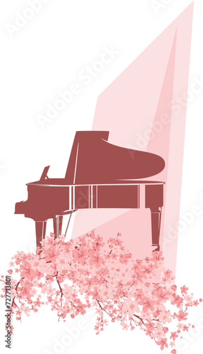 acoustic grand piano for outdoors classical music concert standing on sakura tree pink flower branches vector design