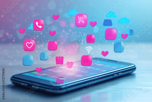 Wallpaper Mural Social media marketing concept on mobile smart phone with notification icons of love, message, comment, chat, email. and shopping cart smartphone hologram screen Torontodigital.ca