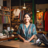 Indian woman standing her clothing shop