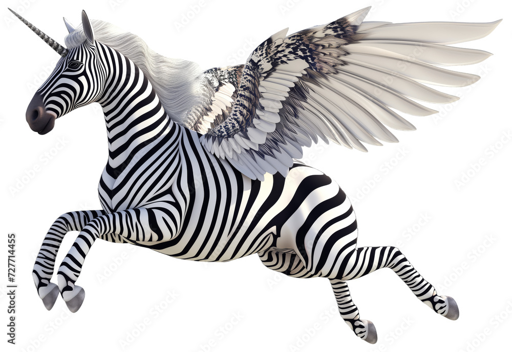 Fototapeta premium A zebra as a mythological pegasus with striped wings and a unicorn horn isolated on a white background