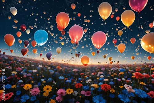 amazing luxurious balloon and flowers decorated among the furnished leather sandals' and perfume abstract background of the perfume and sandals decorated with balloons and flowers background 