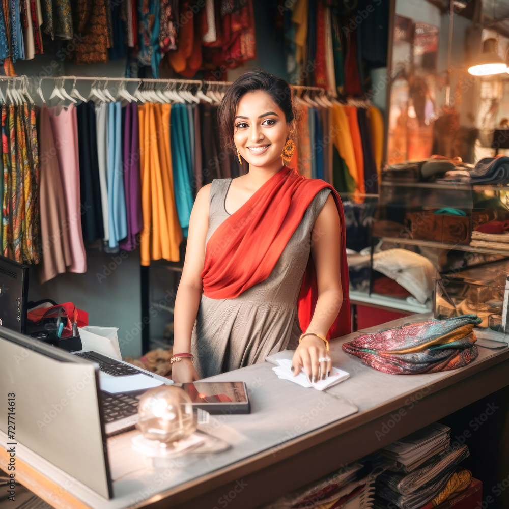 Indian woman standing her clothing shop Indian woman standing her clothing shop