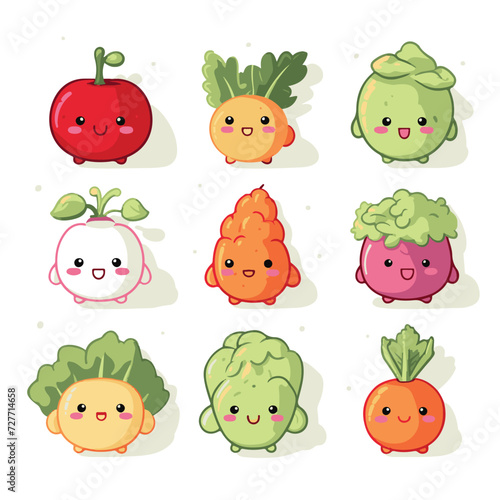 Cute and kawai vegetables icon set illustration. tomato, cabbage, carrot, radish, potato, lettuce	