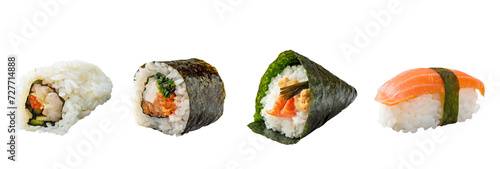 Different types of sushi isolated on a transparent background, png file photo