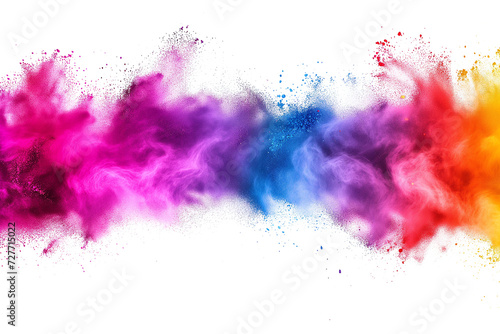 Colorful powder explosion on white background. Abstract pastel color dust particles splash. Dry soil splash. Blue yelllow red pink powder explosion on white background. Colored cloud.