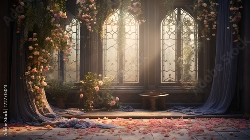 A solemn yet celebratory 3D-rendered Eid stage, a podium wrapped in silk, with scattered petals and ivy, near a window where the morning light announces the day of festivity.