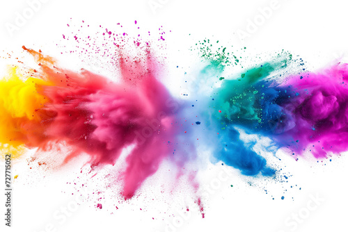 Colorful powder explosion on white background. Abstract pastel color dust particles splash. Dry soil splash. Blue yelllow red pink powder explosion on white background. Colored cloud. photo