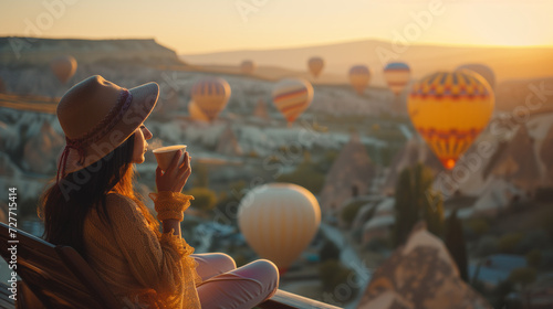 Women drinking coffee early in the morning with hot air balloons in Cappadocia at sunrise, women drinking coffee at sunset with a view over the valley