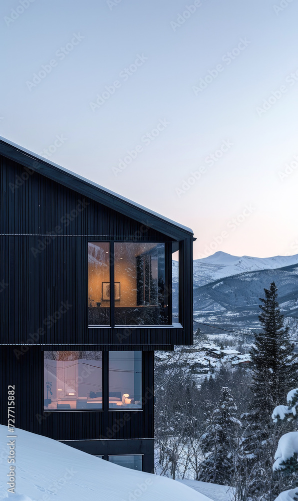 Black corrugated metal roof installed in a semi modern house.Generative AI Black corrugated metal roof installed in a semi modern house.Generative AI