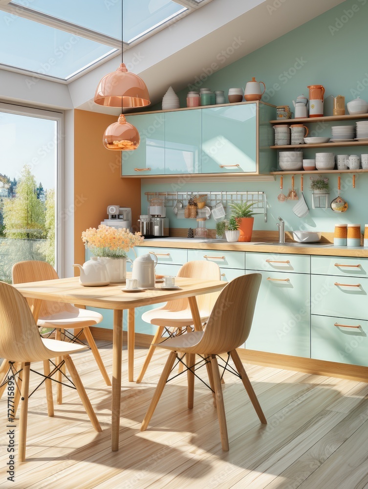 Modern colorful kitchen, pastel colors, bright interior, sunlight. Generative AI