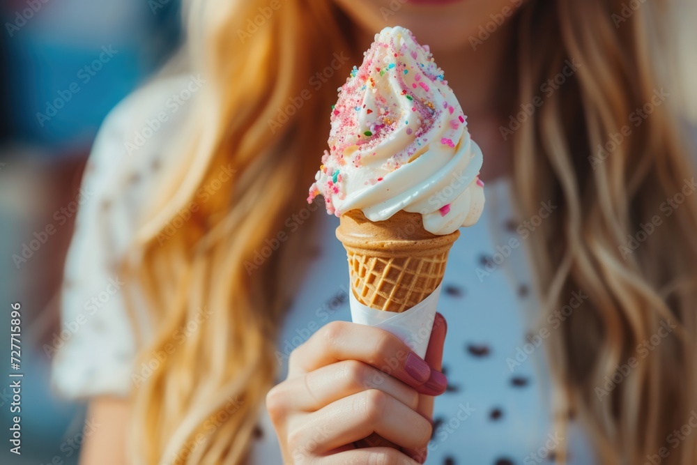 A cropped photo of an anonymous Caucasian female holding an ice-cream. 