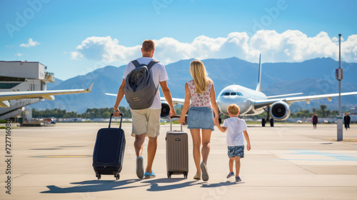Back view of happy family standing near a large plane with two suitcases outdoor. Trip concept.Generative AI