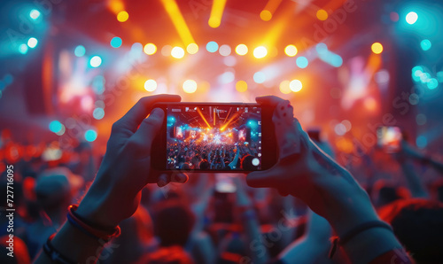 People holding smart phone and recording and photographing in music festival concert, event background concept.Generative AI photo