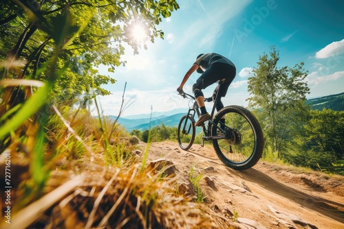 a sporty man who rides a mountain bike in the mountains. Generative AI