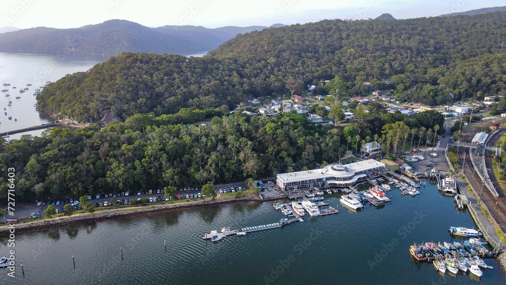 Aerial drone view of Brooklyn, NSW Australia and Hawkesbury River during the early morning in February 2024  
