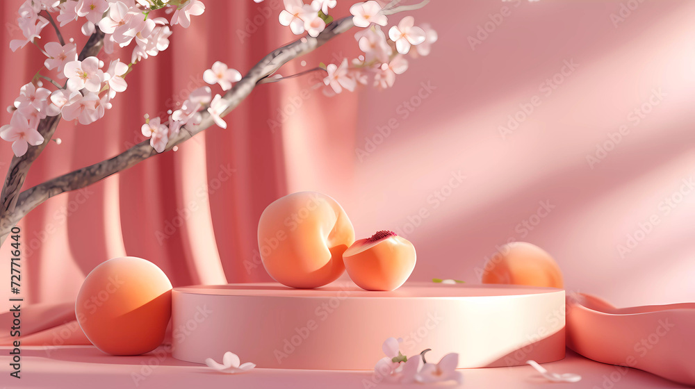 Fototapeta premium Peach on cycling round podium with cherry blossom flowers peach fuzz in autumn background.
