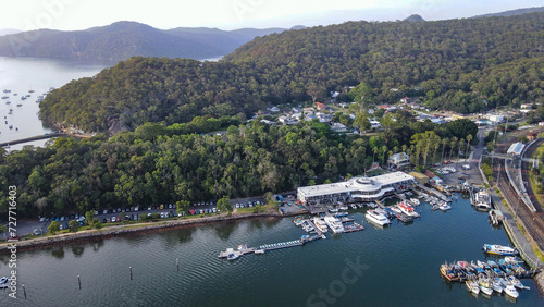 Aerial drone view of Brooklyn, NSW Australia and Hawkesbury River during the early morning in February 2024 