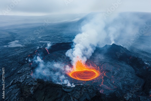 Aerial view of volcano crater lava with steam