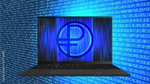 Vector 3D symbol of digital ruble of Russian Federation. Bright glowing high technology financial poster. Mobile computer. Cyber economic virtual space.