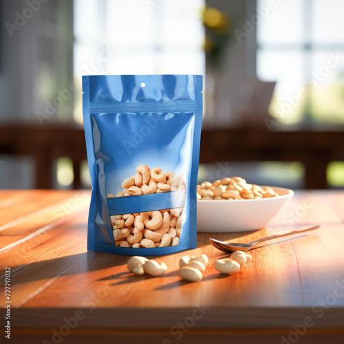 Cashews zip lock packet and cashews in the plate on table