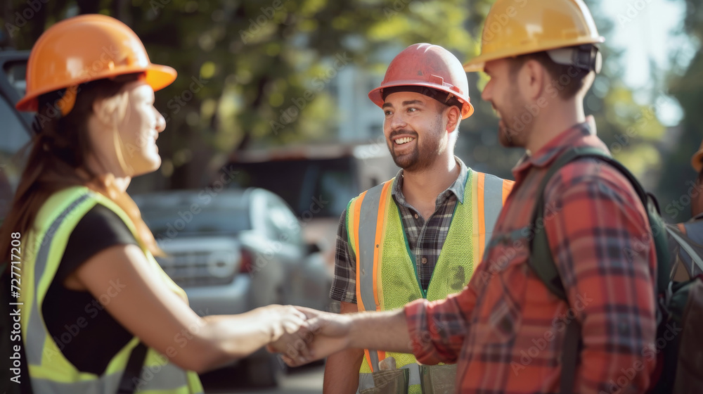 Construction Handshake.
Construction workers shaking hands on a city street. Construction Handshake.
Construction workers shaking hands on a city street.