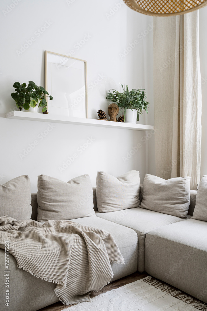Naklejka premium Vertical shot of cozy living room in minimalistic style with beige couch and home decor