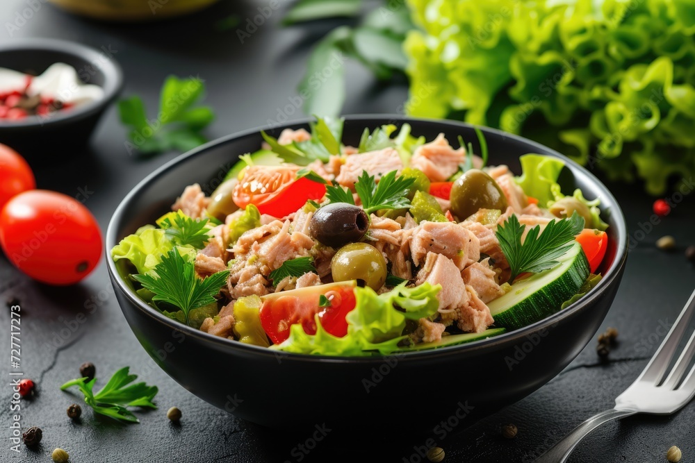 Canned tuna salad with fresh vegetables, capers and olives in a black bowl. Healthy lunch or dinner. Canned tuna salad with fresh vegetables, capers and olives in a black bowl. Healthy lunch or dinner.
