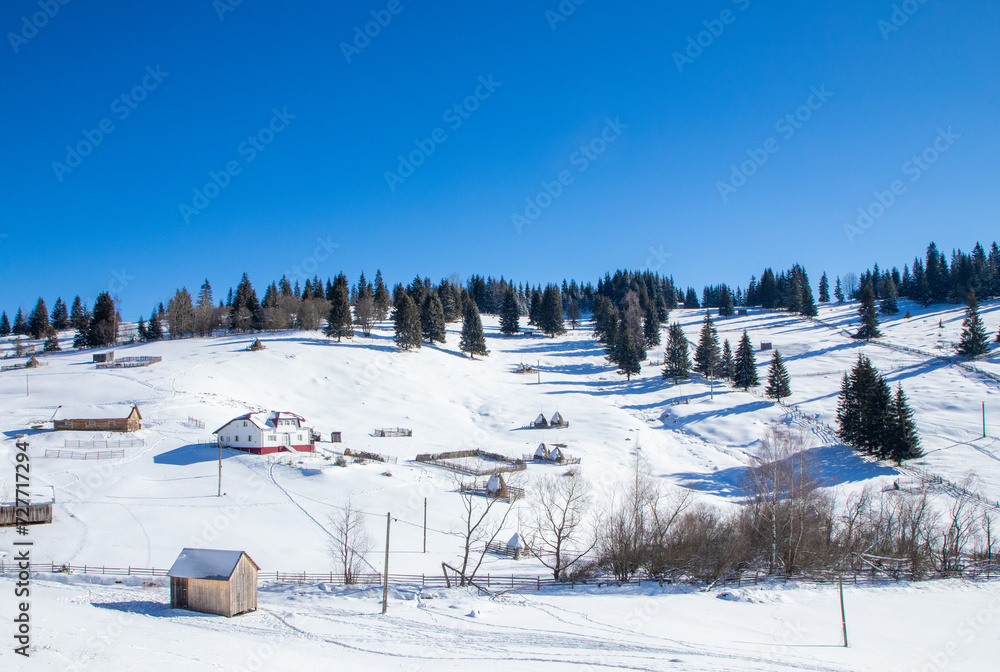 Landscape with a rural household in a mountain village in winter. An isolated house in the countryside on a slope covered with snow
