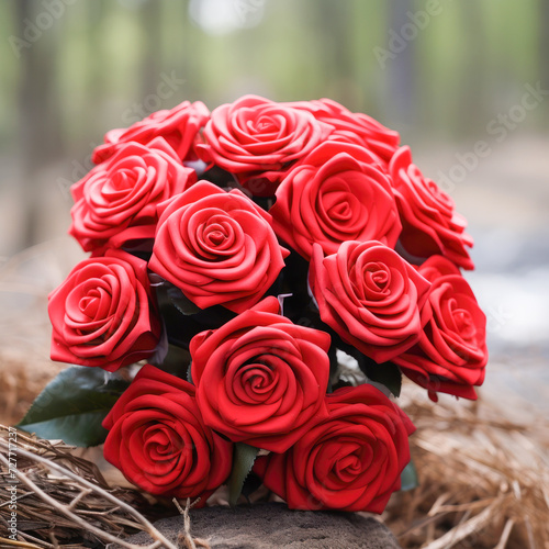 A bouquet of twelve bright red roses