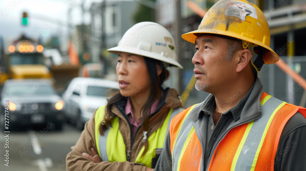 Construction Workers Contemplating Roadside Project.
Two construction workers in reflective gear standing by a busy roadside construction site. Construction Workers Contemplating Roadside Project.
Two construction workers in reflective gear standing by a busy roadside construction site.