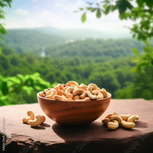 Fresh Cashews nut in the bowl on nature background