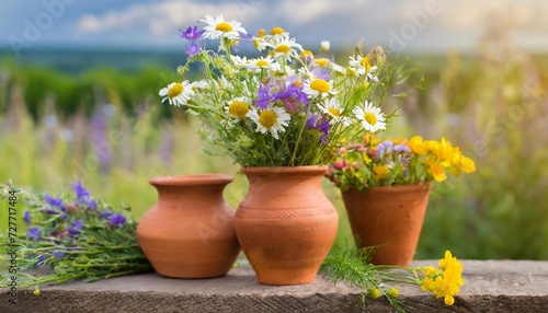 Clay pots and bouquet of wild spring flowers. Natural background