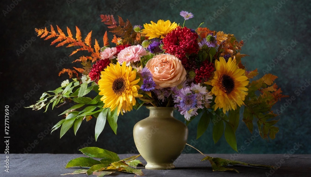 Colorful spring bouquet in vase on table on dark background. Colorful spring bouquet in vase on table on dark background.