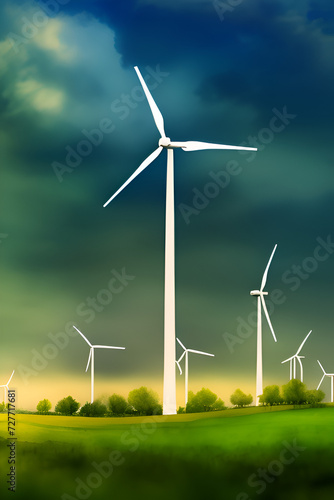 Wind turbines in the field for alternative energy ecofriendly green power electricity generation concept background watercolor style