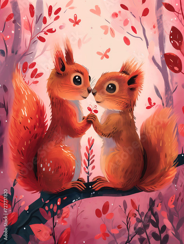 Greeting card on Valentine's Day with a couple of squirrels in love. © Osadchyi_I