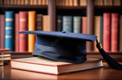 University master cap with books on blurred background of books. Master grade of education, master grade of online education, edvanced training, university studying photo