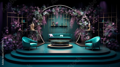 A sumptuous dark teal stage, with a striking podium enveloped by radiant purple flowers, setting a luxurious tone for cosmetic exhibitions.