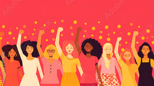 A diverse mixed-race group of women raising hand into the air.International Women day concept.flat vector illustration