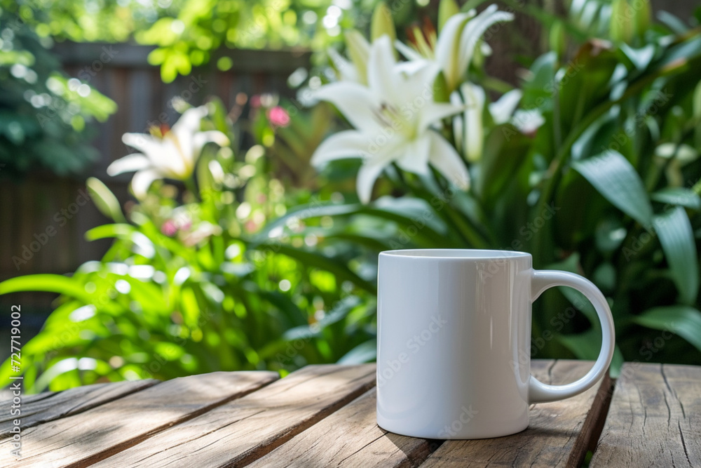 Mock up of a white color 11oz Mug in Lily Garden background, product mockup Mock up of a white color 11oz Mug in Lily Garden background, product mockup
