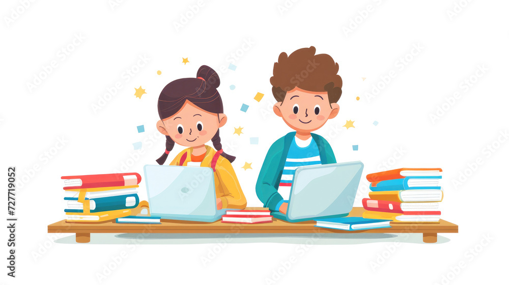 Illustration of two concentrated children studying online on their laptops with books on a table on a white background. Study and learning with new technologies