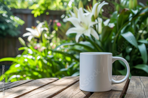 Mock up of a white color 11oz Mug in Lily Garden background, product mockup