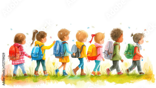 Rear view of a primary school class lined up with their backpacks going on a field trip to learn about flora and fauna with copy space. photo