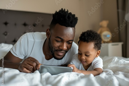 Father and son lying on bed using smart technology