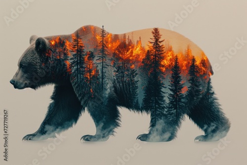 Majestic image of a bear against the background of a fiery forest scene