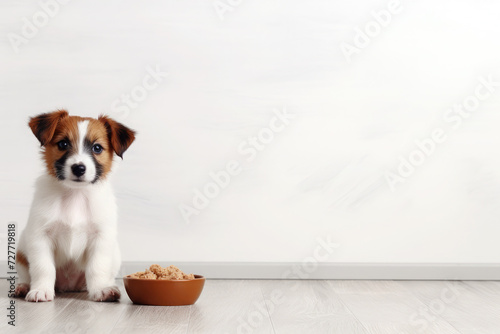 ?ute Jack russell terrier puppy on a wooden floor next to a bowl of dog food.For mounting a product display or visual design layout.Mockup. ?opy space for text © syhin_stas