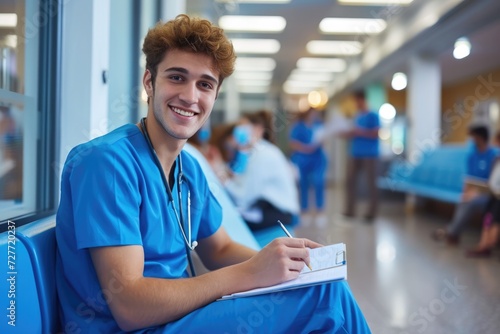 Front view of a happy young white male nurse taking notes in the waiting room at the hospital. 